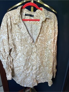 Lauren Ralph Lauren Beige & White Floral Linen Button-Up Shirt-3x